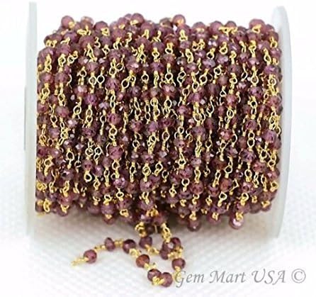10 Feet 3mm To 3.5mm Gold Plated Wire Wrapped Beads Rosary Chain. Choose Your Gemstone By GemMartUSA (Rhodolite) GPRD-30002