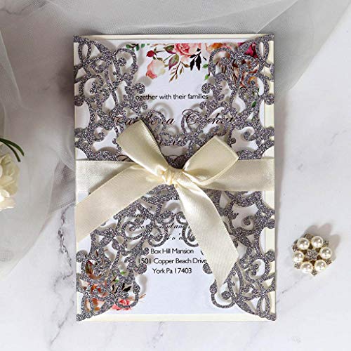 cici store 20Pcs Hollow Lace Glitter Wedding Invitation Cards Kit with Envelopes,Greeting Cards for Wedding, Bridal Shower, Birthday Invitations - Thumbnail 7