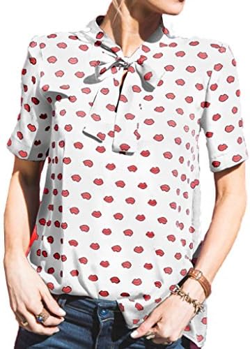 TAORE Fashion Womens Red Lip Print T-Shirt Loose Casual Bow Tops Blouse (XS, White)