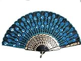 Beautiful Lady's Silk Hand Fan with Blue Sequins