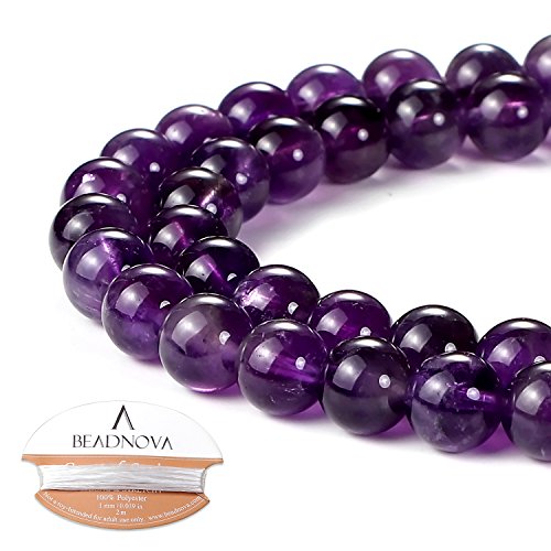 BEADNOVA Natural Amethyst Purple Quartz Beads Natural Crystal Beads Stone Gemstone Round Loose Energy Healing Beads with Free Crystal Stretch Cord for Jewelry Making (8mm, 45-48pcs)