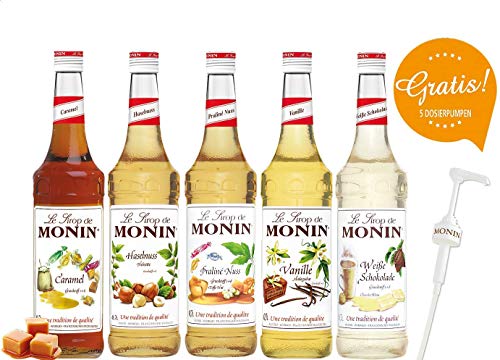 MONIN-SET Café 5+5 - 5x Kaffee Sirup + 5x Pumpen - Karamell, Vanille, Praline-Nuss, Haselnuss, Weisse Schokolade (5x 0,7l) – Bild 5