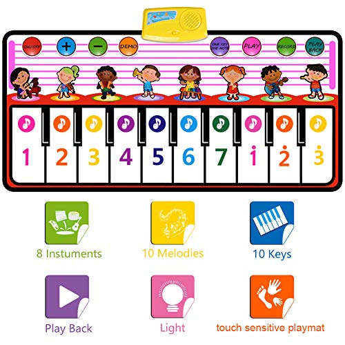 Tencoz Musical Piano Mat, Kids Portable Piano Keyboard Mat 8 Different Musical Instruments Build-in Speaker & Recording Function with 10 Melodies Educational Toy Best Gift for Kids Baby