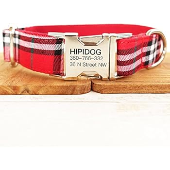 hipidog Personalized Dog Collar, Custom Engraving with Pet Name and Phone Number, Adjustable Tough Nylon ID Collar, Matching Leash Available Separately (Scottish Red)