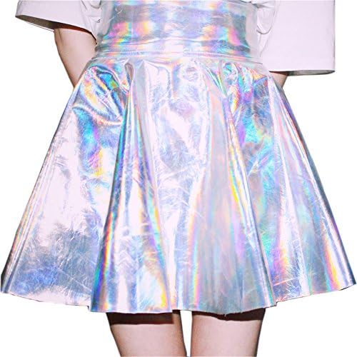 Anlydia Women's Hologram Shiny Pleated Skirt Midi Skater Skirt, L