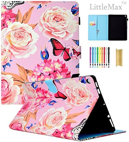 LittleMax Fire HD 10 Case, Colorful Synthetic Leather Kickstand Soft Gel Protective Cover with Auto Wake/Sleep for Amazon Kindle Fire HD 10.1 Inch 7th Gen & 5th Gen -2 Flower Red Butterfly