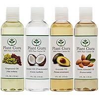 100% Pure Carrier Oil VARIETY-4 PACK- 4 Ounce Bottles--Fractionated Coconut Oil, Grapeseed Oil, Avocado Oil and Sweet Almond Oil