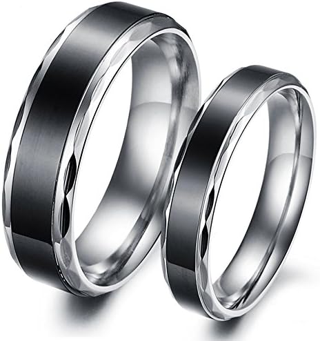 Mens Womens Stainless Steel Black Center Silver Wavy Edge Ring Couple Engagement Wedding Promise Band
