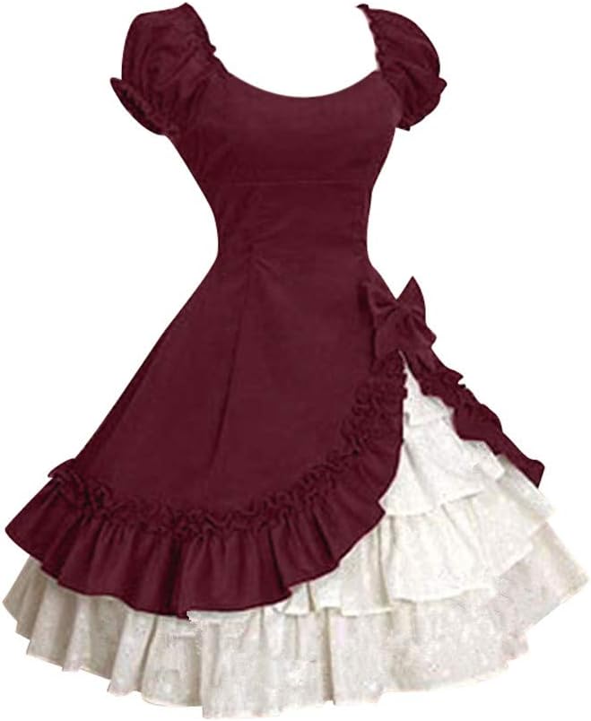 Venfamo DressesWomen's Dresses,Venfamo Cap Sleeve Bow Tie Ruffle Dress Medieval Gothic Lolita Mini Dress Princess Dress Wine