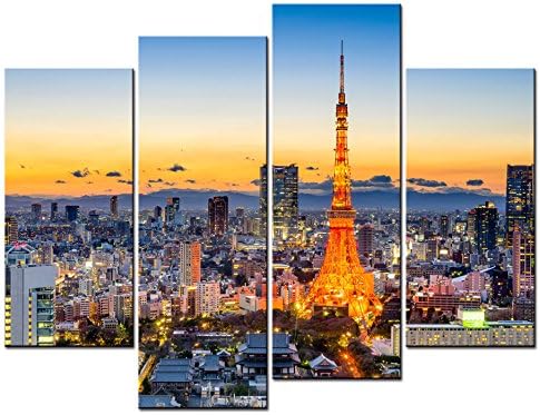 SmartWallArt - City Landscape Paintings Wall Art Tokyo Japan Skyline at Tokyo Tower in The Dusk 4 Panel Picture Print on Canvas for Modern Home Decoration