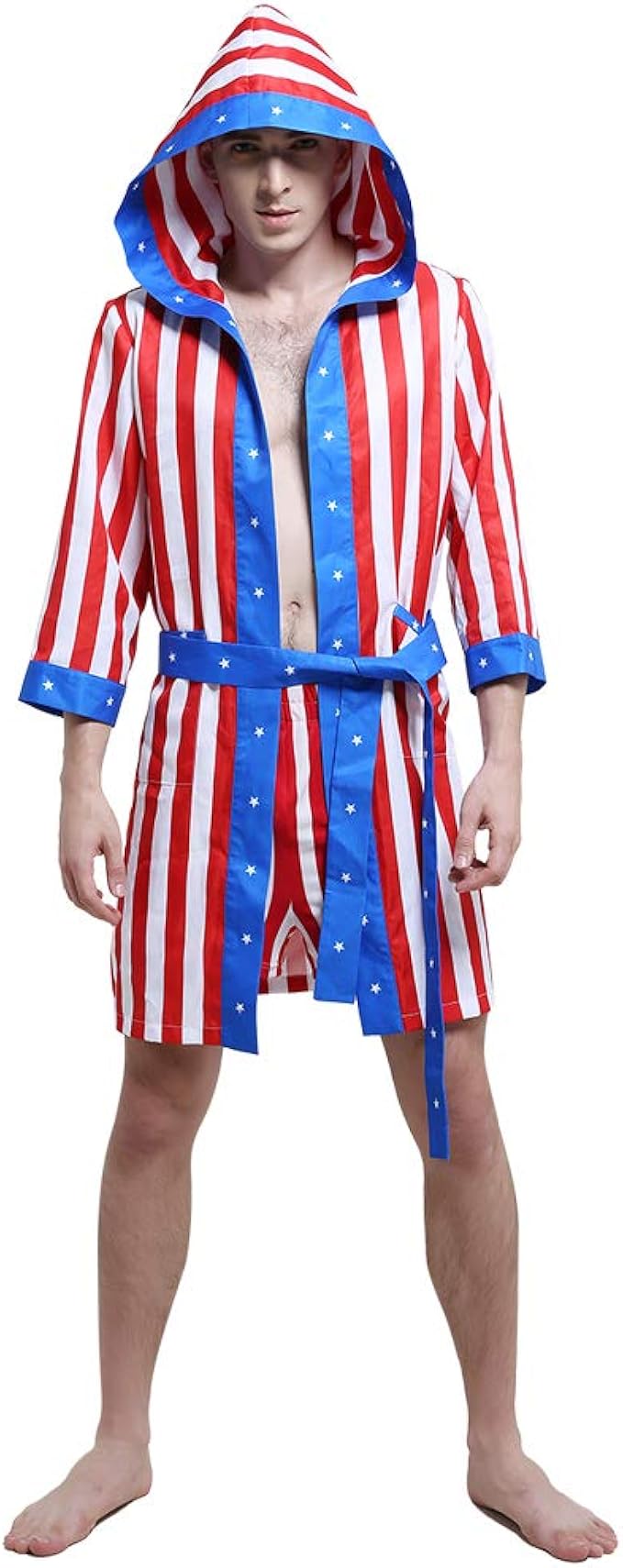 Coskidz Men's Hooded Boxing Robe American Flag Dressing Gown Satin
