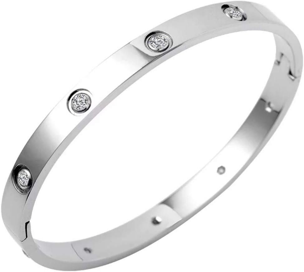 HiCook Titanium Steel Bangle Bracelets for Women Bangle Bracelet Set in Heart and CZ Stone Jewelry Fits 6.5-7.5 Inch Wrists