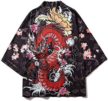 Men Kimono Chinese Painting Dragon Cardigan Cover Up Open Front Shawl Unisex Robe