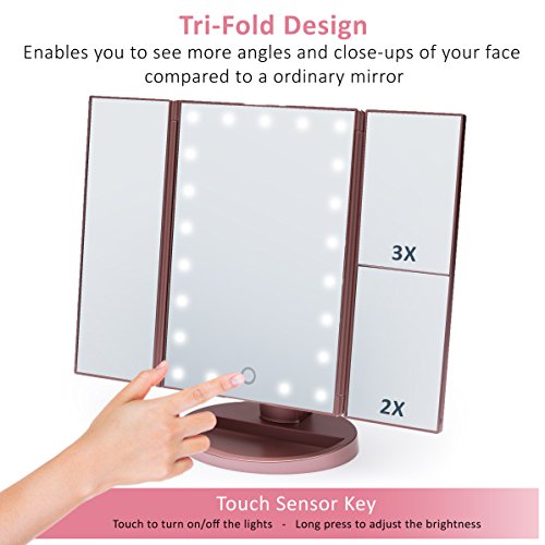 Mirror With 21 Led Light by Shao, Touch Screen Light Control, 3X/2X/1X Trifold Magnifying, Dual Power Supply Mode, 180 Degree Rotation, High Quality Cosmetics Mirror(Rose Gold)