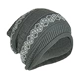 Double Layer, Nordic Pattern Knit Beanie, Slouchy Skully Cap w/ Fleece Lining