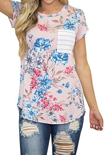 OMBabe Women's Summer Short Sleeve Striped Casual Top Blouse t Shirt With Pocket (X-Large, Pink)