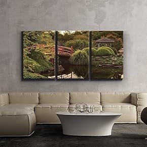 3 Piece Canvas Print - Contemporary Art, Modern Wall Art - Japanese Footbridge and Garden - Giclee Artwork - Gallery Wrapped Wood Stretcher Bars - Ready to Hang 16"x24"x3 Panels