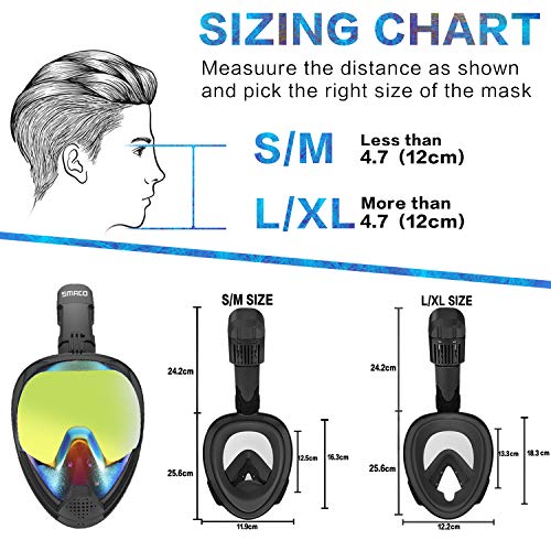 SMACO Professional Breathe Easier Panoramic Full Face Snorkeling Mask Fog-Free GoPro Compatible for Adults and Youth. (Black/UV, Large/X-Large)