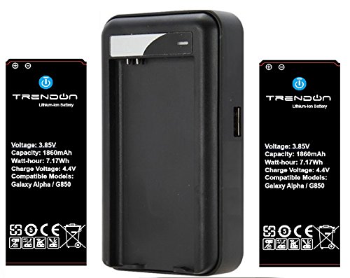 Galaxy Alpha Battery, TrendON [2 Batteries + Charger] Samsung Galaxy Alpha (2X) 1860 mAh [Long Lasting] Spare Replacement Li-ion Battery Combo with Portable USB Travel Wall Charger (non-NFC) [18-Month Warranty] (For Samsung Galaxy Alpha Verizon, AT&T Sprint, T-mobile, Unlocked) (2 Batteries 1 Charger)