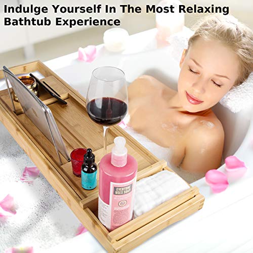 Bathtub Tray Caddy,Bamboo Bathtub Caddy Organizer with Wine Glass and Book Reading Holder ipad Adjustable Extending Sides,Bath Tray Table Accessories for Tub Shower,Free Soap Holder,Extra Wide Board - Thumbnail 5