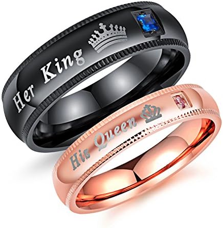 Ubeauty1999 2pcs Mens Womens His Queen and Her King CZ Wedding Engagement Band Couple Promise Rings (Male Size 9 &amp; Female Size 4 (1Pair))