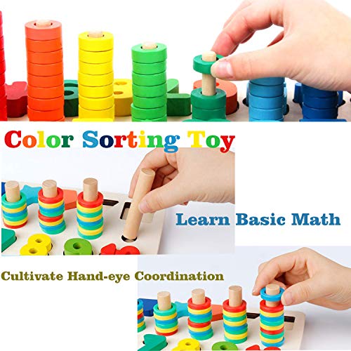Montessori Wood Blocks Puzzle Board Set for Toddler Preschool Kids, Learning & Educational Toys for Number Counting, Colors Stacking, Shape Sorting, Early Education Toy