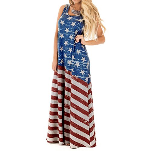 Hot Sale! Independence Day Dress,Women American Star Flag Print Sleeveless Long Maxi Casual Beach Dress (Multicolor, XXL)