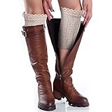 Avidlove Women Socks Knit Crochet Boot Cuffs Hollow Out Leg Warmers with Lace Trim Beige