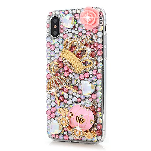 iPhone X Case, Mavis's Diary Full Edge Protective Plastic Case, 3D Handmade Crystal Clear Bling Full Diamonds Colorful Shiny Rhinestone Pink Pumpkin Car Gold Crown Hard PC Cover for iPhone X Edition