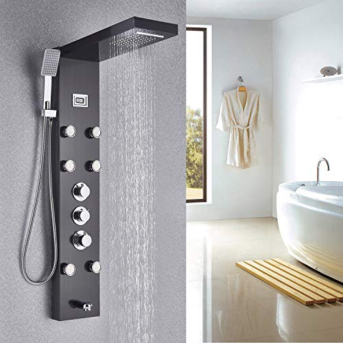 Rozin Thermostatic Rain Waterfall Shower Panel Set Tub Spout + Massage Body Jets + Handheld Spray Ti-Black Finish