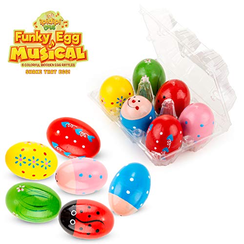 Ipidipi Toys Funky Egg Shakers Musical Maracas for Kids (6-Pack) Natural, Wooden Toy Percussion Instruments | Fun, Colorful Sound Making Shakers | Assorted Easter Designs for Girls, Boys