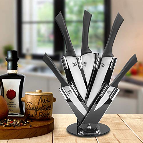 Vestaware Knife Set with Block,6-Piece Kitchen Knife Set with 8" Chef Knife,8" Carving Knife,8" Bread Knife,5" Utility Knife,3.5" Paring Knife, Stainless Steel Cutlery Chef Knives Set with Block