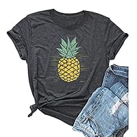 YEXIPO Womens Hola Beaches Pineapple Print T Shirt Hawaiian Summer Vacation Funny Graphic Tees Short Sleeve Tops (Medium, Dark Grey)