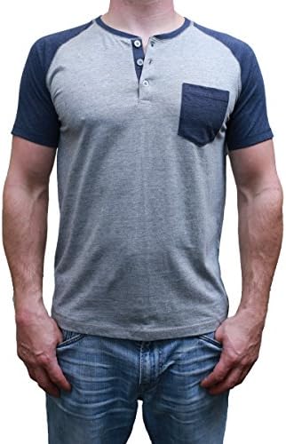 Short Sleeve Mens Raglan Henley TShirt w / Pocket, Premium Heather / Dark Navy Heather, Medium