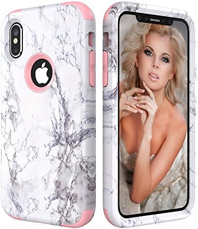 HKW iPhone X Case,iPhone 10 Case,White Marble Design,Hybrid Heavy Duty Shockproof Protective Case with Dual Layer [Hard PC+ Soft Silicone] Impact Protection for Apple iPhone X/10 -Rose Gold (MA1947)