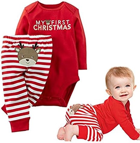 2Pcs Newborn Baby Boys Girls My First Christmas Letters Print Romper T-shirt+Deer Striped Pants Set