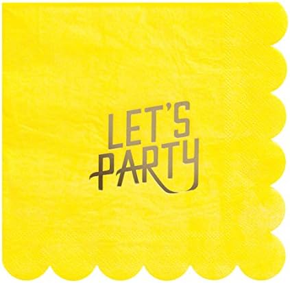 Fire and Creme Gold and Bright Yellow Let's Party Large Foiled Scalloped Paper Napkins 13 x 13" - Pack of 16