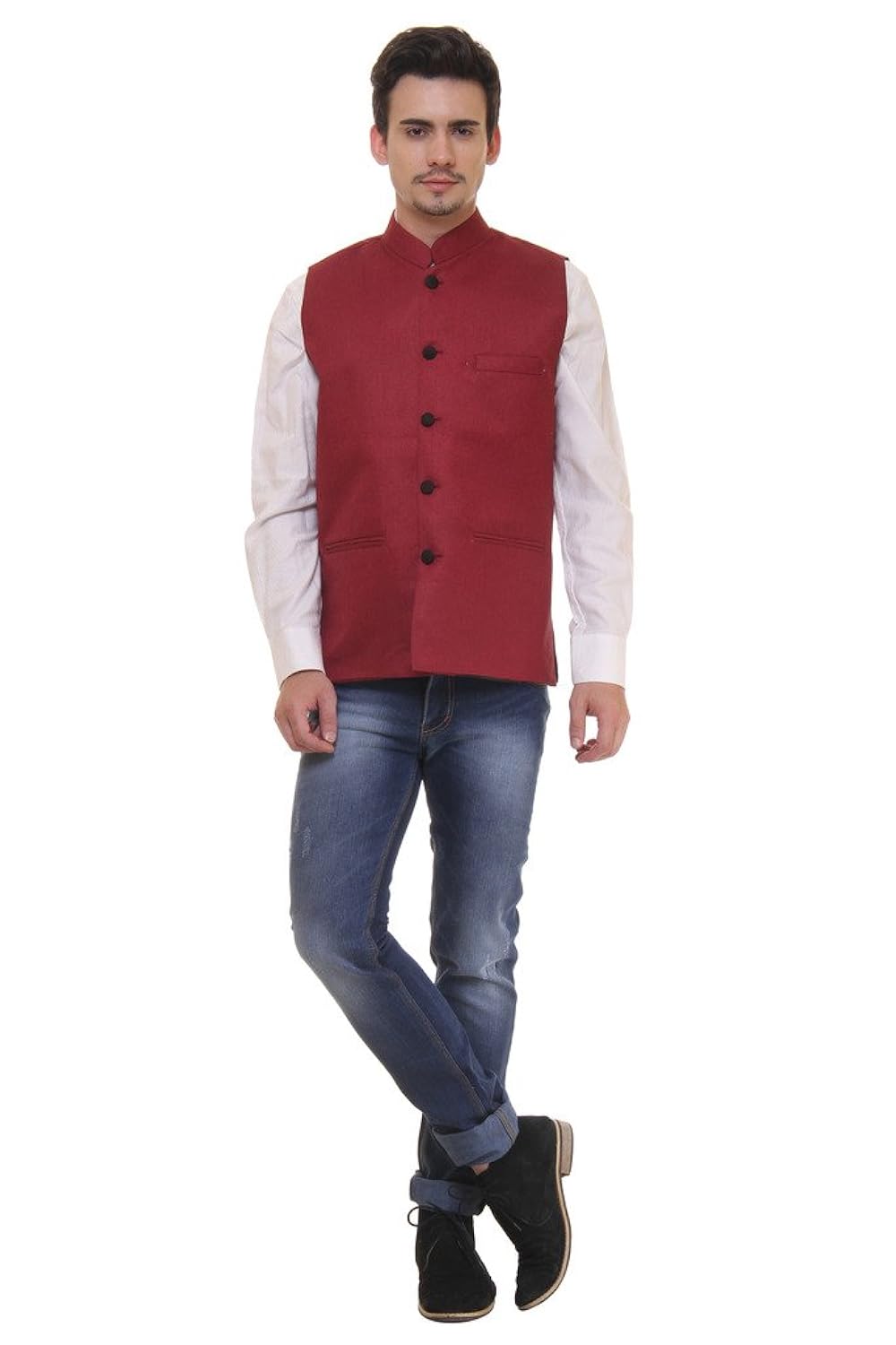 routeen maroon casual partywear ethnic modi jacket waistcoat for men