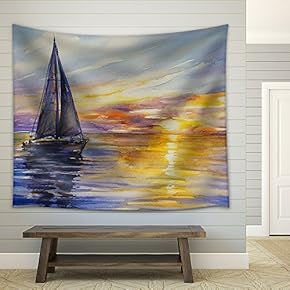 Yacht Sailing Against Sunset.Picture Created with Watercolors - Fabric Wall Tapestry Home Decor - 51x60 inches