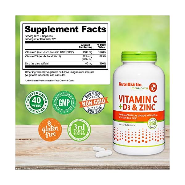 NutriBiotic Vitamin C + Vitamin D3 & Zinc, 250 Capsules Potent, Comprehensive Immune Support