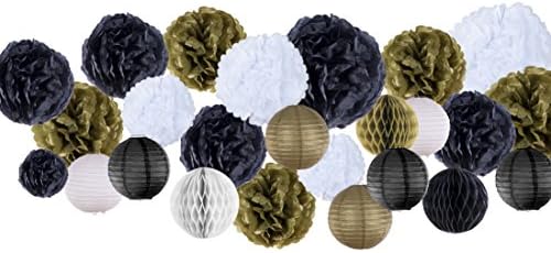 VIDAL CRAFTS 25 Pcs Big Gatsby Tissue Paper Pom Poms Kit (14 inch, 10 inch, 8 inch, 6 inch), Paper Flowers, Paper Lanterns and Honeycomb Balls, for Birthday, Graduation, Events (black, white, gold)