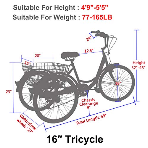 H&ZT Adult Tricycle 1-Speed Trike Cruiser Bike 3 Wheeled Bicycle w/Large Basket and Maintenance Tools, Men's Women's Cruiser Bicycles (Black, 1 Speed, 16") - Thumbnail 5