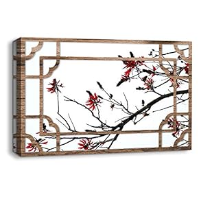 Canvas Wall Art Traditional Chinese Windows View Painting Artwork for Home Prints Framed - 12x18 inches