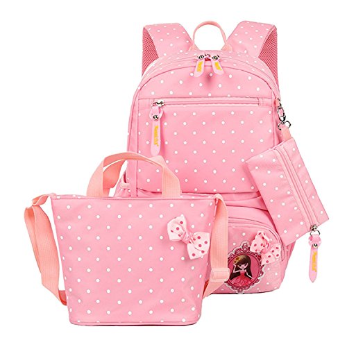 Moonmo Polka Dot Bowknot School Backpack for Girls Kids Book Bags Set with Handbag Pouch Lunch Bag (Pink)