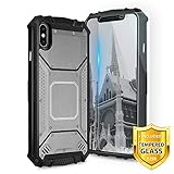 TJS Apple iPhone Xs/iPhone X Case [Tempered Glass Screen Protector] Aluminum Metal Premium Drop Protection Shockproof Military Phone Case Cover Built-in Metal Plate Back (Grey)