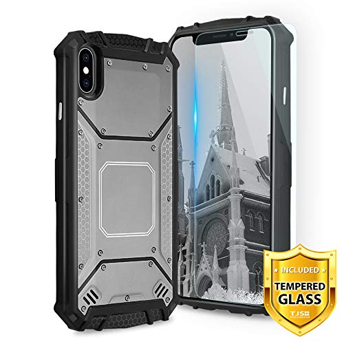 TJS Apple iPhone Xs/iPhone X Case [Tempered Glass Screen Protector] Aluminum Metal Premium Drop Protection Shockproof Military Phone Case Cover Built-in Metal Plate Back (Grey)