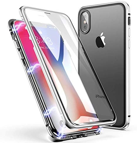 Case For iPhone X/iPhoen XS, Magnetic Adsorption Case Front and Back Tempered Glass Full Screen Coverage One-piece Design Flip Cover [Support Wireless Charging] (Transparent silver)