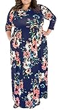 Empire Waist Flower Floor-Length Sleeve Pocket Floral Plus Size Maxi Dresses 4XL