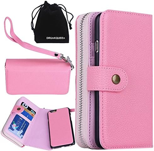 DRUnKQUEEn iPhone 6s Plus Case, iPhone 6 Plus Case, Premium Leather Zipper Wallet Case Magnetic Removable Folio Flip Holster Purse Clutch Cover Card Holder with Wrist Strap for iPhone 6Plus / 6sPlus