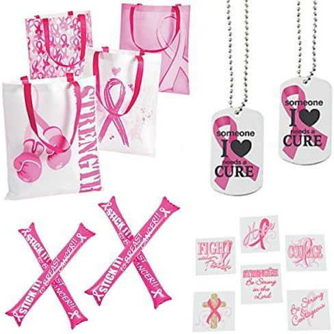 Breast Cancer Awareness Survivor Patient March Gift, Rally for Life Walk or 5K Kit, Pink Ribbon Bundle for Two Women - 2 Tote Bags, 2 Dog Tag Necklaces, 4 Boom Sticks, 8 Inspirational Tattoos